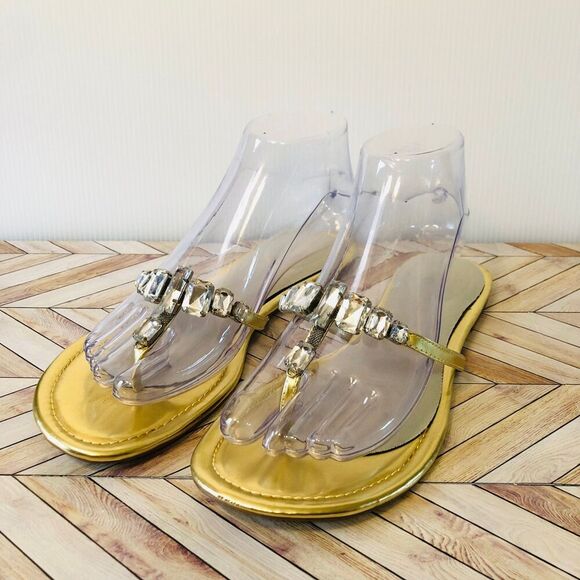 Women's Thong Sandals Size 8 Gold Tone Faux Rhinestone Summer Fancy - Picture 1 of 9